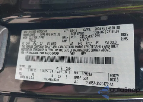 2015 Ford Escape Se z USA, uszkodzony, nr VIN 1FMCU0G78FUB88056